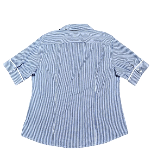 Chico's Blue White Stripe Button Front Shirt 2 / L Cotton Piping Coastal Preppy - Picture 5 of 13